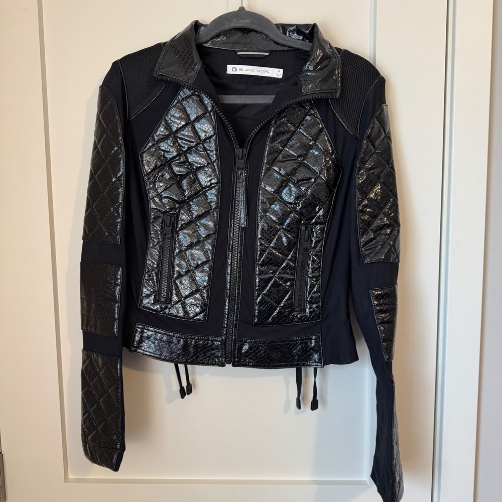 Blanc Noir Womens Black Quilted Snakeskin Moto Jacket Mesh Lace Up Back - Picture 3 of 5